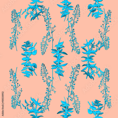 Scattered herbs. Handmade isolated blue watercolor floral seamless pattern on peach pink background. Fabric texture. Herbs vintage design.