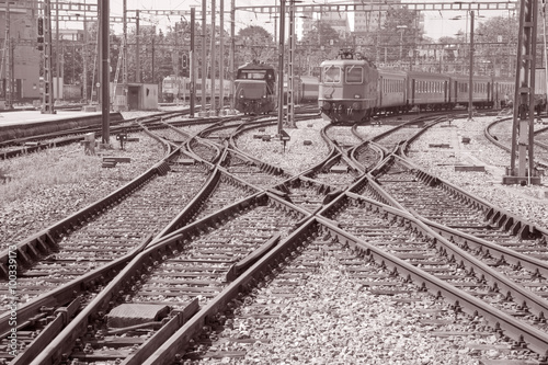 Railway Tracks outside Bern Station, Switzerland in Black and White Sepia Tone