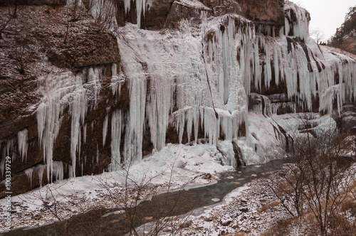 Beautiful winter landscape of frozen waterfalls in the Gorge of Chegem, the Republic of Kabardino-Balkaria, Russia.