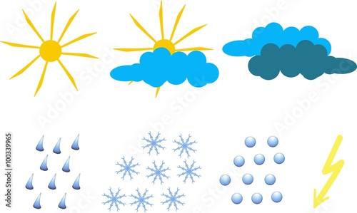 Clipart for weather icons. Yellow sun and lightning, blue and dark blue clouds, raindrops, snowflakes, hail. Objects on white, vector