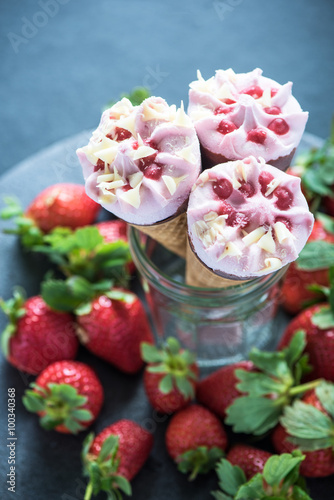 Refreshing healthy strawberry ice cream cones