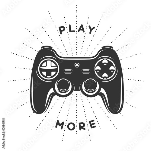 Vintage print with quote. Play more. Gamepad, joystick vector illustration.