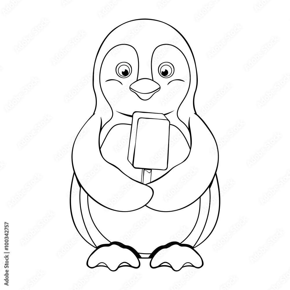 Black and white illustration of joyful penguin who holds chocolate ice cream in his wings Black and white illustration of joyful penguin who holds chocolate ice cream in his wings