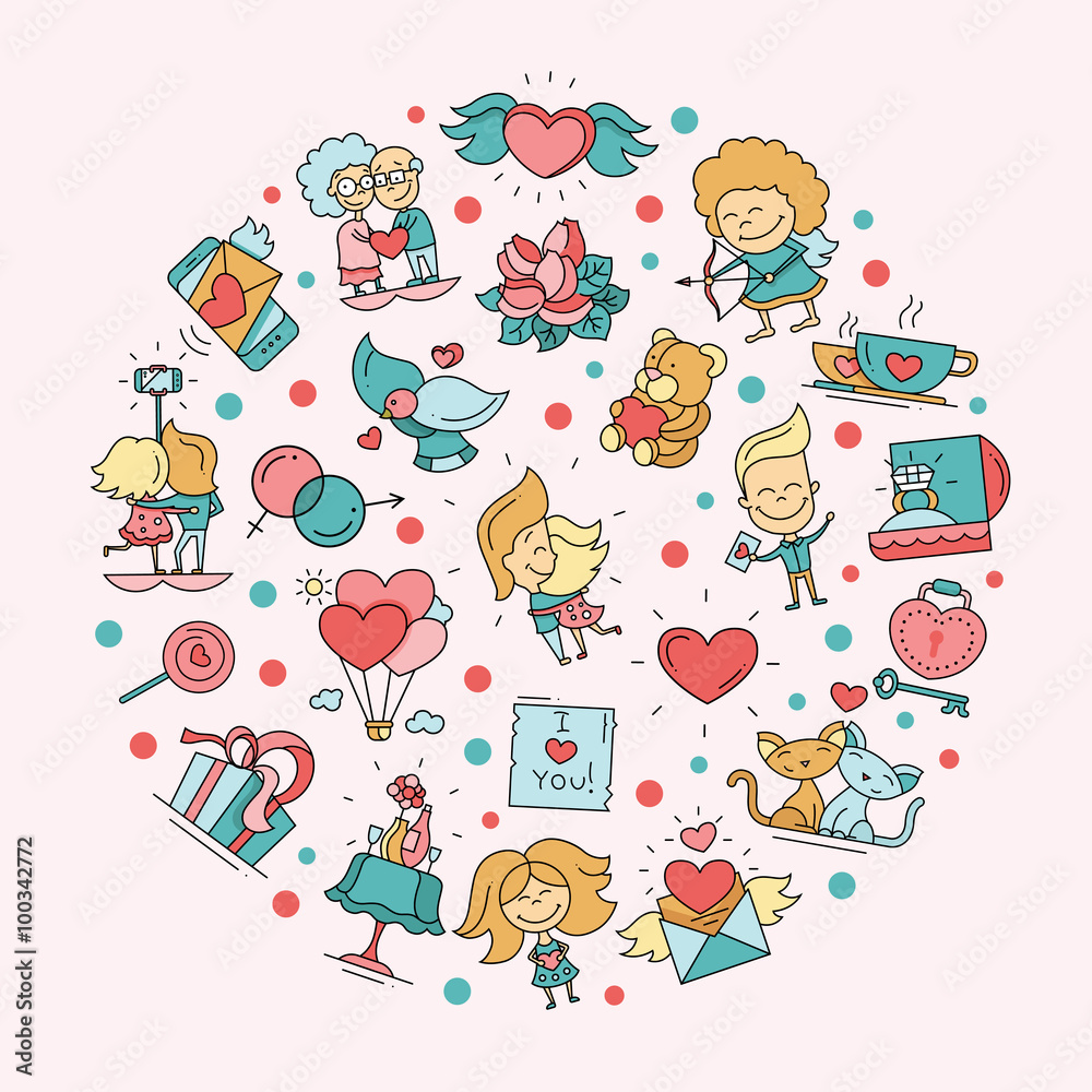 Fototapeta premium Flat design Valentines day love and romance icons postcard