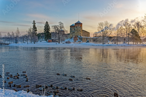 Ancient fortress at frosty winter's morning