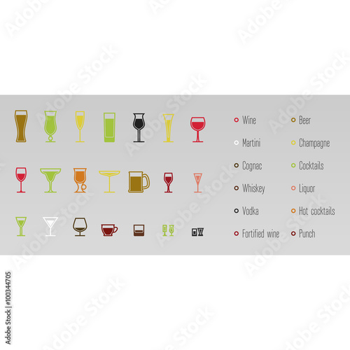 Different bar glasses icons for different alcohol, colored by categories