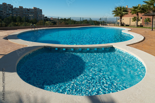 View of the swimming pool in the urbanization Altorreal. Region of Murcia. Spain