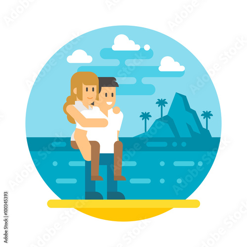 Flat design couple piggyback  beach © narak0rn