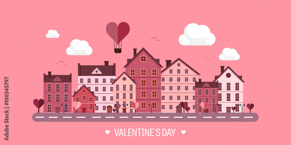 Vector illustration. City with hearts. Love. Valentines day. 14 february. Cityscape. Town.