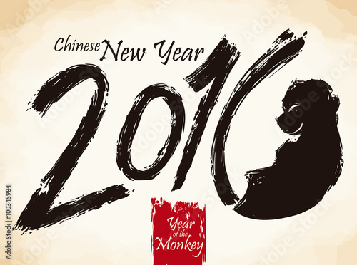 Chinese New Year 2016 in Brushstroke Style with Monkey, Vector Illustration