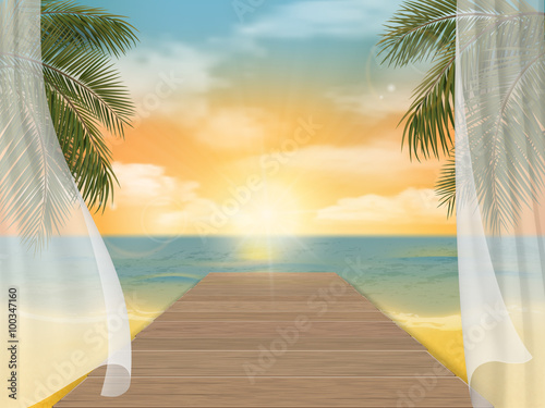 View of the sea beach on sunset and jetty. Vector travel background.