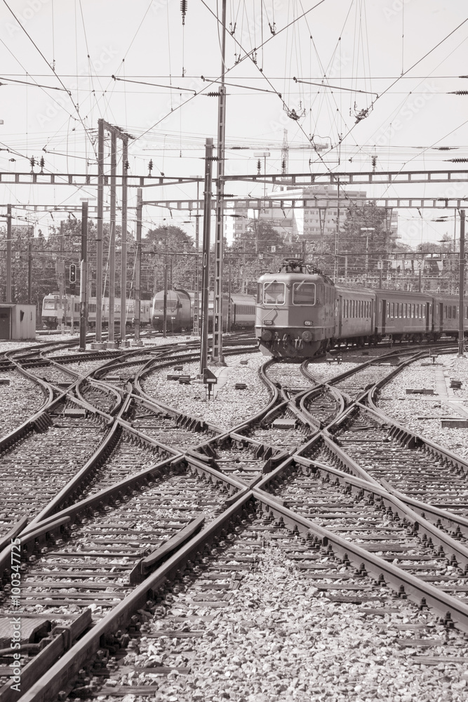 Railway outside Bern, Switzerland in Black and White Sepia Tone