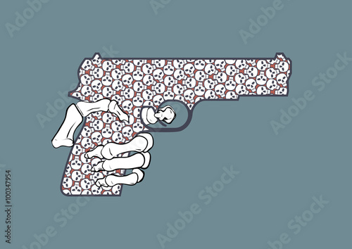 War gun with skeleton hand concept vector illustration - gun patterned with skulls