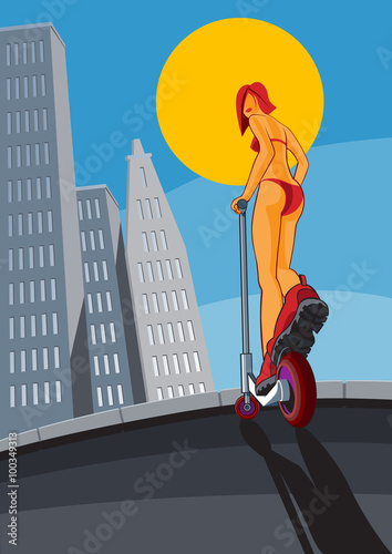 Vector teen girl is cycling on urban background