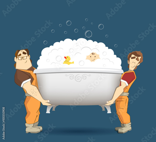 Two loaders movers holding and carrying white bathtub