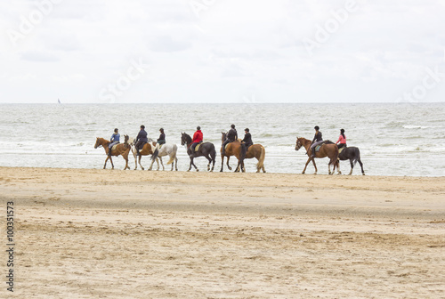 riders on horses on the beach close to North sea