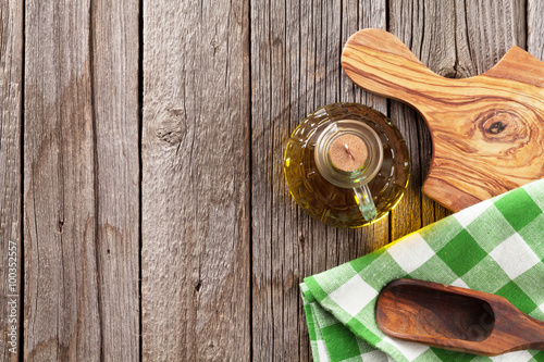 Olive oil bottle and utensils