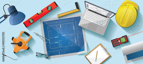 Architect desk flat illustration