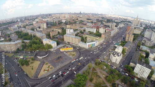 Aerial view of the Presnensky district and 1905 metro in Moscow, Russia