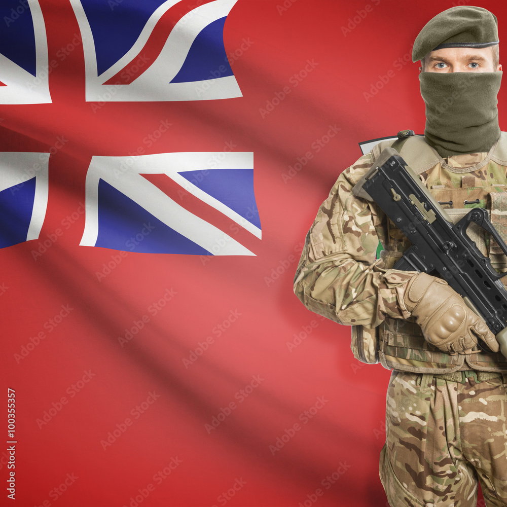 Soldier with machine gun and Canadian province flag on background series - Manitoba Soldier with machine gun and Canadian province flag on background series - Manitoba