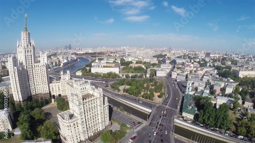 Descending aerial camera view of the center of Moscow with Kotelnicheskaya skyscraper