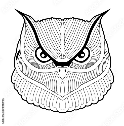 A black and white owl's head vector isolated on white, testa di civetta in bianco e nero vettoriale isolata su sfondo bianco