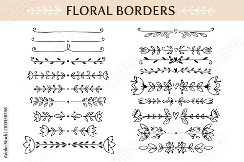 Floral vintage borders and scroll elements. Hand drawn vector design elements