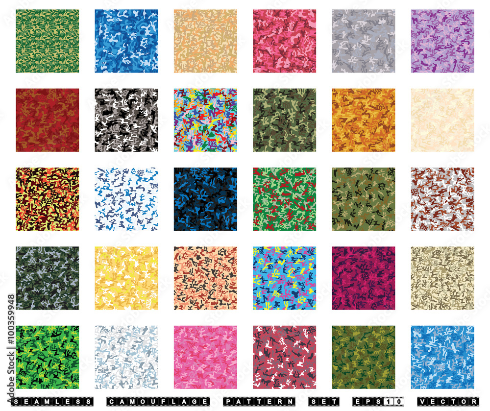 Seamless camouflage pattern vector set. Forest, desert, jungle, urban, rocky, navy, aviator, woodland, girlish colorful camo textures. Can be used for background design and military textile.