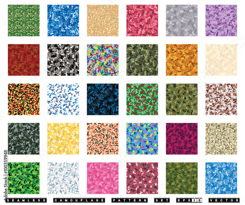 Seamless camouflage pattern vector set. Forest, desert, jungle, urban, rocky, navy, aviator, woodland, girlish colorful camo textures. Can be used for background design and military textile.