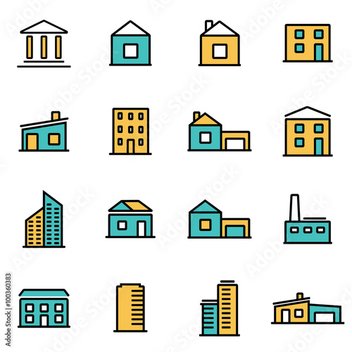 Trendy flat line icon pack for designers and developers. Vector line buildings icon set, buildings icon object, buildings icon picture, buildings icon image - stock vector