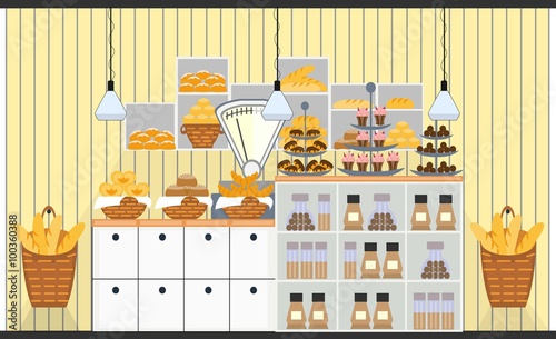 Bakery counter with scales and different types of bakery products. Vector illustration of confectionery.
 Baton and baguette, cupcake and muffin, croissant and cake