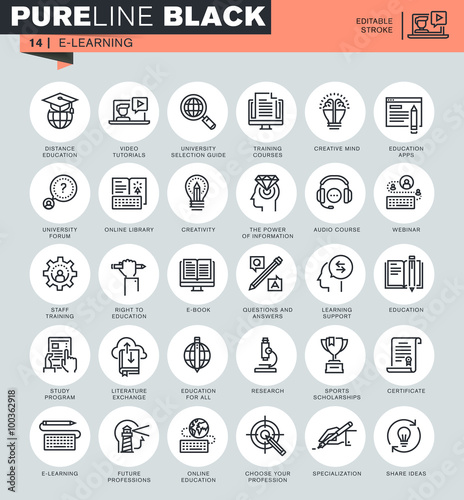 Thin line icons set of online education, e-learning, e-book. Icons for website and mobile website and apps with editable stroke. 