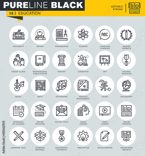 Thin line icons set of education, online training and courses, subject choices. Icons for website and mobile website and apps with editable stroke. 