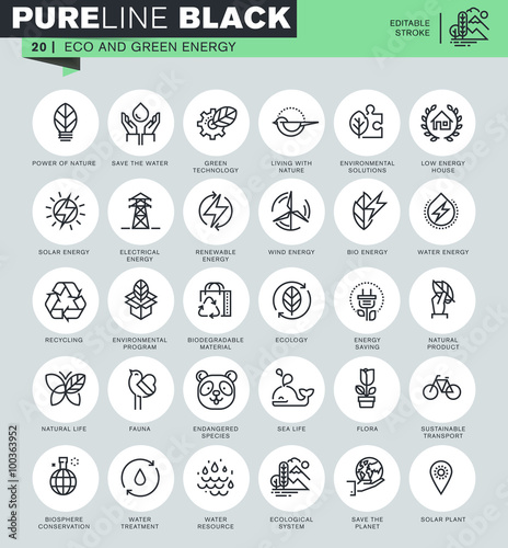 Thin line icons set of environment, renewable energy, sustainable technology, nature life. Icons for website and mobile website and apps with editable stroke. 