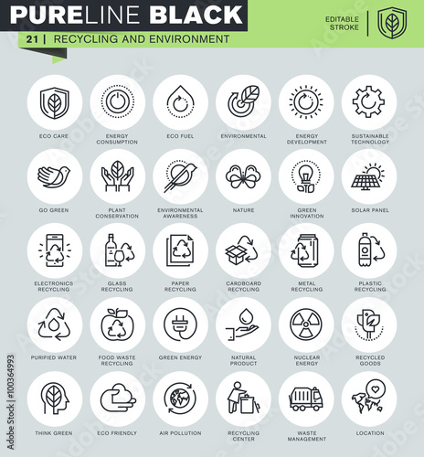 Thin line icons set of recycling, waste management, environmental protection, eco care. Icons for website and mobile website and apps with editable stroke. 