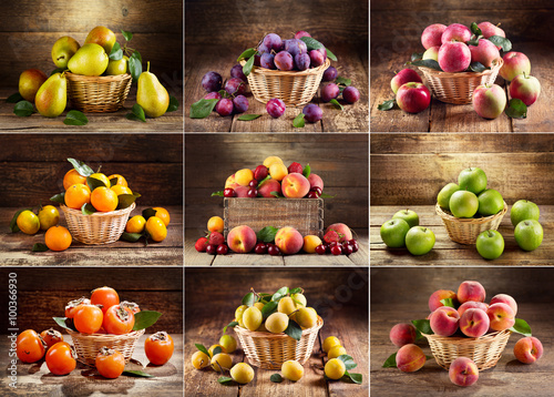 collage of various fruits on wooden table