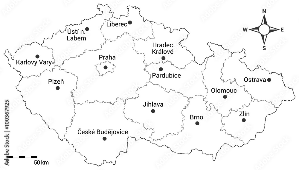 Czech republic administrative map. Regions, capital city and regional cities on the map with scale and compass.