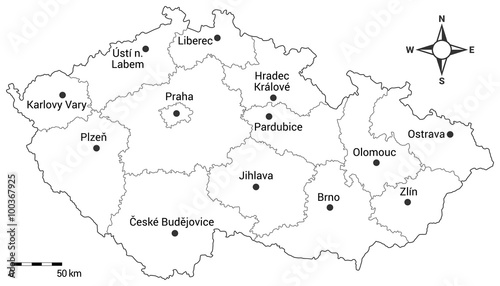 Czech republic administrative map. Regions  capital city and regional cities on the map with scale and compass.