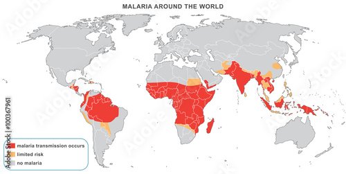 Malaria disease around the world, 2014. Warning map for travelers with dangerous areas recommended for vaccination. Fully editable vector map. photo
