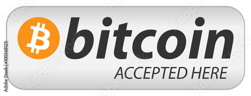 Bitcoin icon banner with text "bitcoin accepted here". Flat design vector illustration.