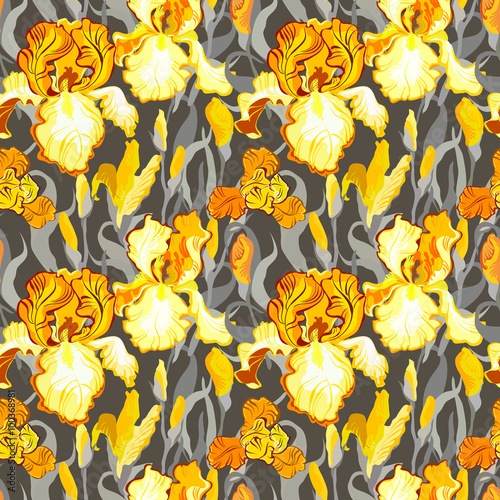 Floral seamless pattern. Yellow iris flower background.