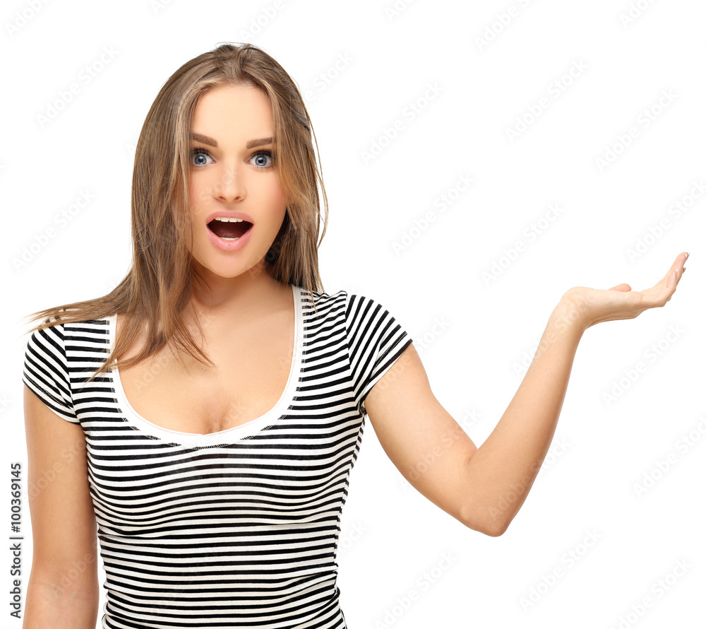 Girl showing empty copy space on the open hand palm. Girl showing empty copy space on the open hand palm.