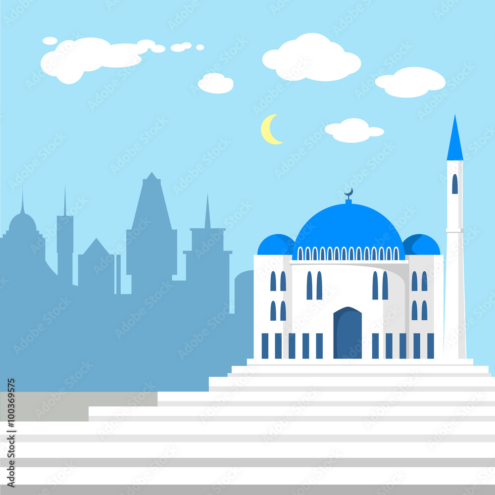 Mosque on the background of islamic city silhouettes.