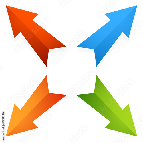 Colorful 4 way diagonal arrows pointing outwards. Vector.