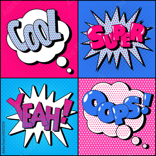 Set of Comics Bubbles in Vintage Style. Expressions Cool, Super
