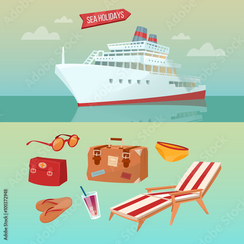 Sea Holidays Concept with Cruise Ship and Summertime Elements