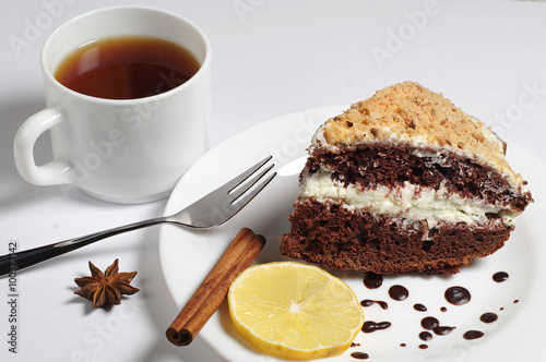 Fototapeta Naklejka Na Ścianę i Meble -  Homemade chocolate cake and tea