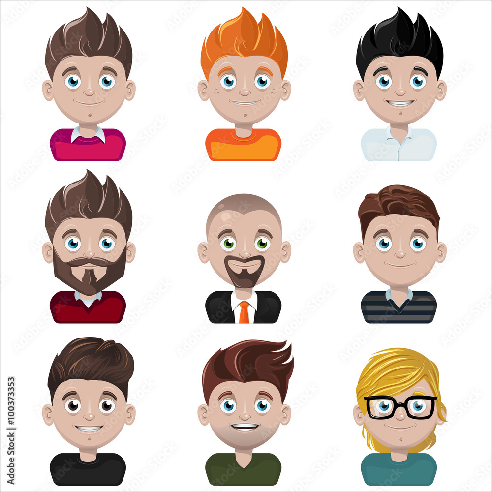 Set of vector avatar faces with different hairstyles and clothing Set of vector avatar faces with different hairstyles and clothing