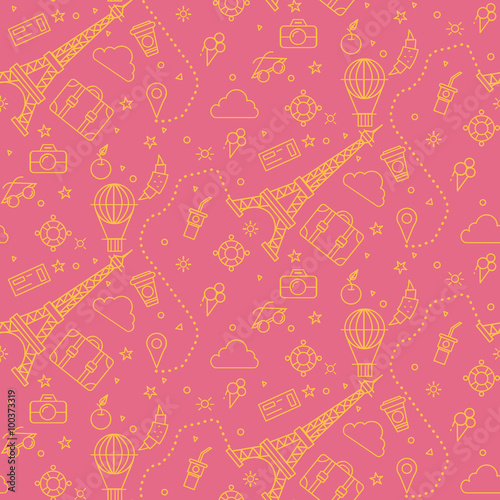 Paris Seamless Pattern with Eiffel Tower and Travel Elements