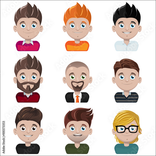 Set of vector avatar faces with different hairstyles and clothing